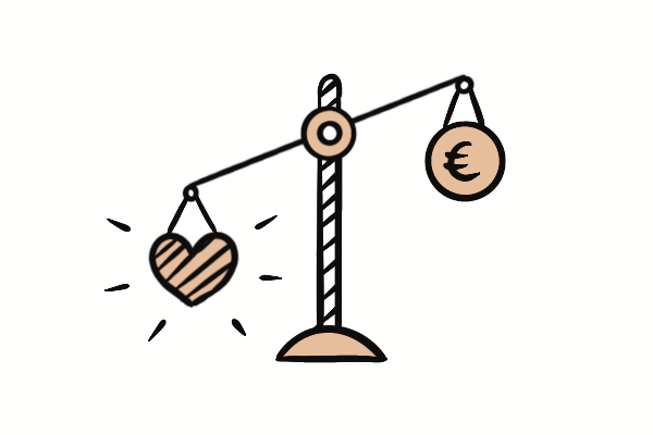 Erfahren Sie, was Purpose-Driven Marketing ist, welche Ziele es verfolgt, wie Sie es umsetzen und warum Emotionen der Schlüssel zum Erfolg sind. Dieses Bild zeigt eine Waage mit einem Herz auf der einen Seite und dem Eurozeichen auf der anderen, wobei die Seite mit dem Herzen nach unten geht.