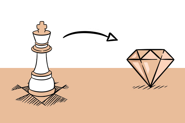 Corporate Branding: So positionieren Sie Ihr Unternehmen als starke Marke und schaffen Wiedererkennung, Vertrauen und langfristigen Markenerfolg. Dieses Bild zeigt den König aus dem Spiel Schach und einen Pfeil zu einem Diamanten.