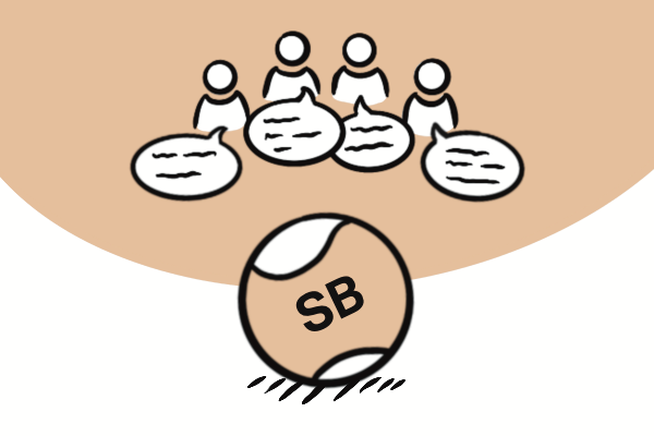 Ein Spitzbub Ball im vordergrund. Hinten sind figuren die reden