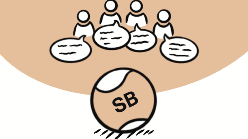 Ein Spitzbub Ball im vordergrund. Hinten sind figuren die reden